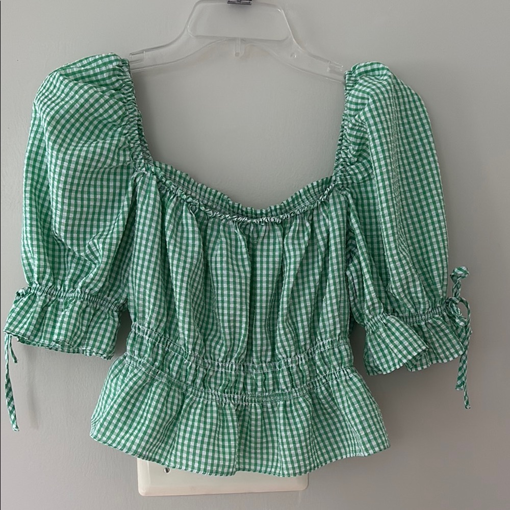 H&M Green and White Puff Sleeve Smocked Blouse